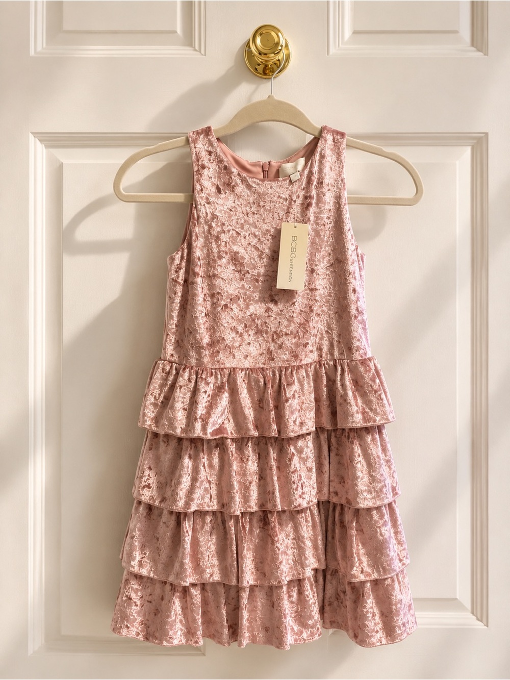 BCBGirls Blush Pink Velvet Tiered Ruffle Dress
